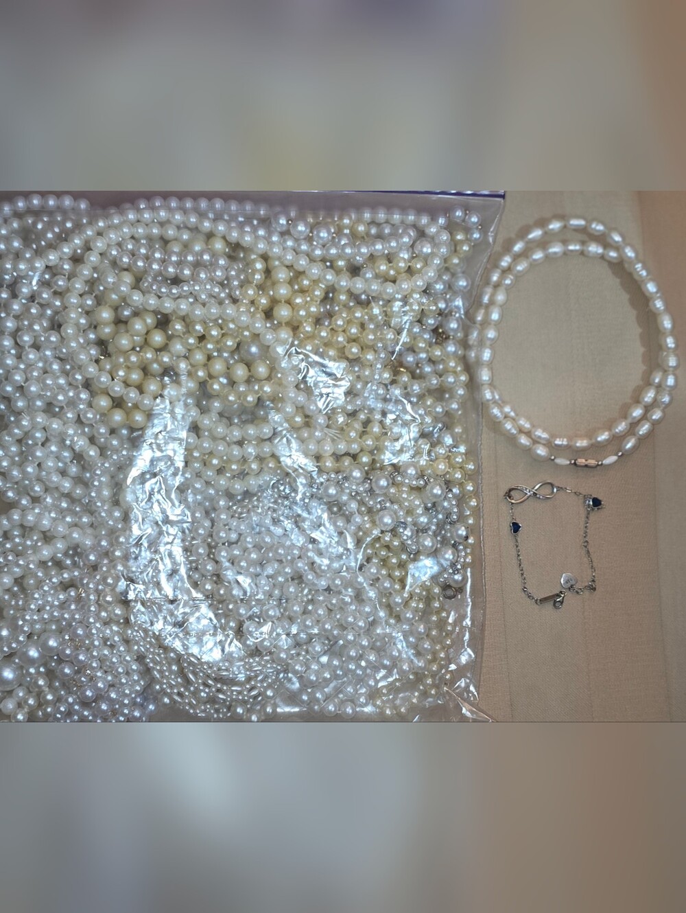 26 PAIRS FAUX PEARLS W/ ONE SET OF GENUINE BAROQUE PEARLS & 925 SILVER BRACELET